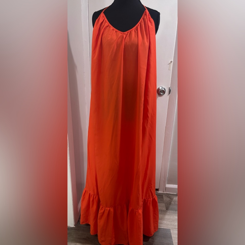 Flowy Orange Maxi Dress – Ruffle Detail